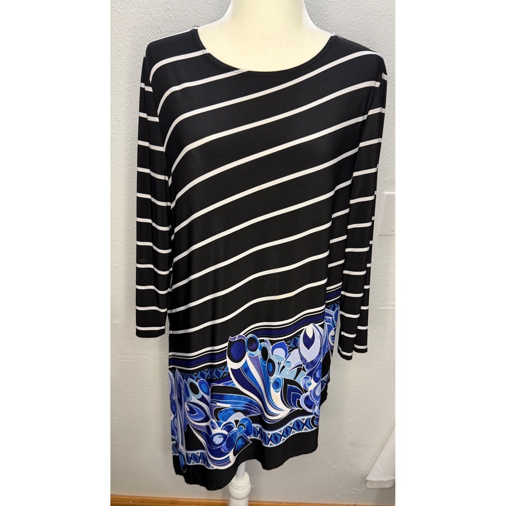 Chico's Travelers Women 2/L Black White Striped Blue Paisley Asymmetrical Tunic - Picture 1 of 12